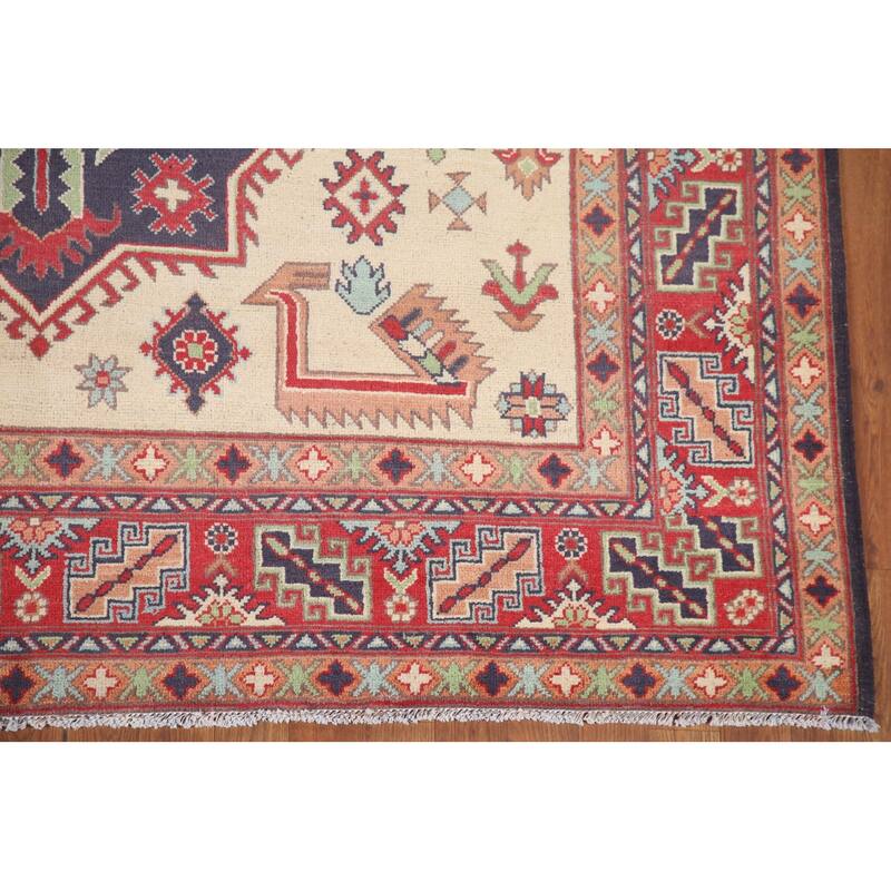 Hand Knotted Oriental 100% Wool Carpet Traditional Geometric Beige & Ivories Kazak Area Rug - 9' 10'' X 6' 5''