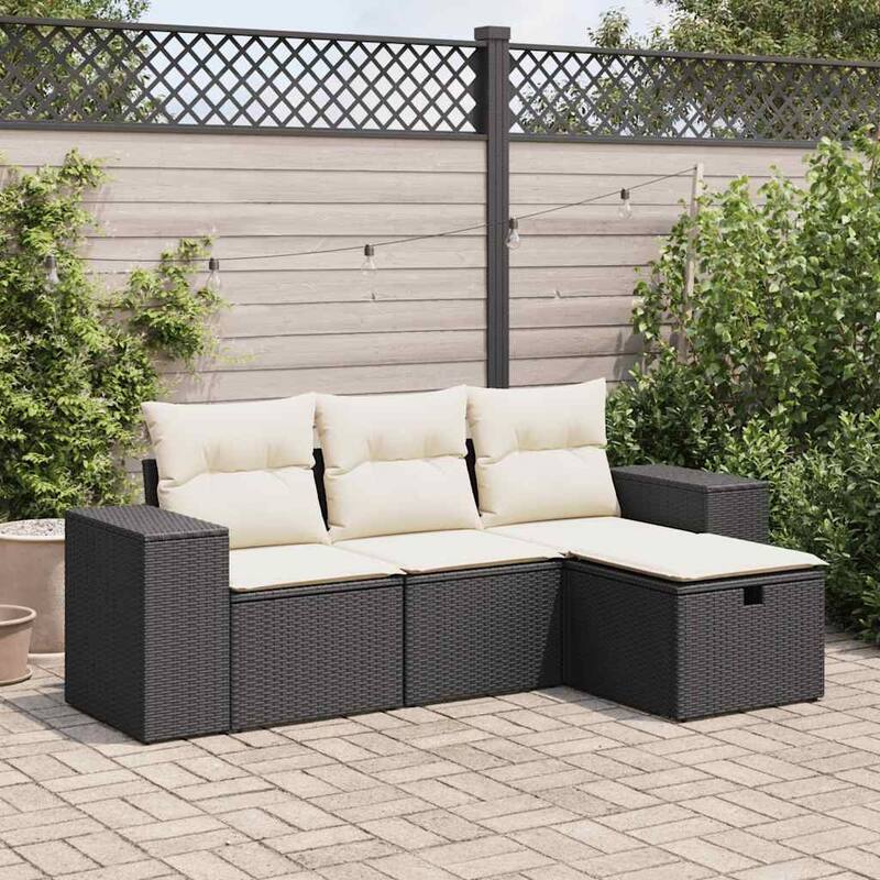 vidaXL Patio Sofa Set with Cushions Outdoor Furniture 4 Piece Poly Rattan - Black and cream with storage
