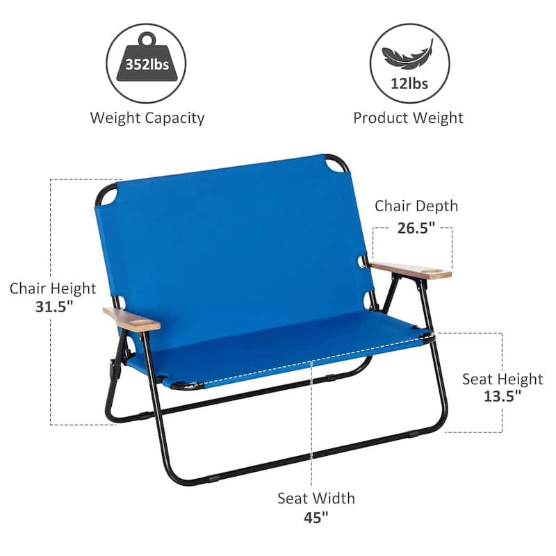 Double Folding Camping Chair, Portable Loveseat, Wood Armrests