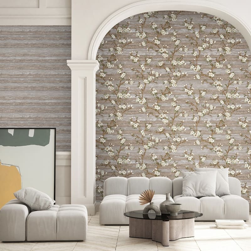 Flocked Botanical Blossom Pattern Stylish Floral Wallpaper