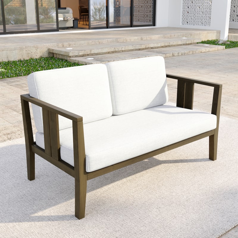 Casual Teak Wood Outdoor Patio Loveseat with Cushions