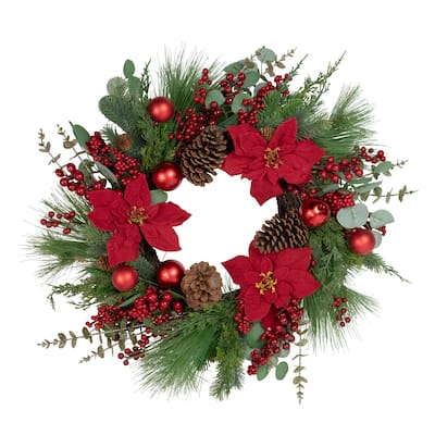 Artificial Red Berry and Poinsettia Christmas Wreath, 28-Inch, Unlit