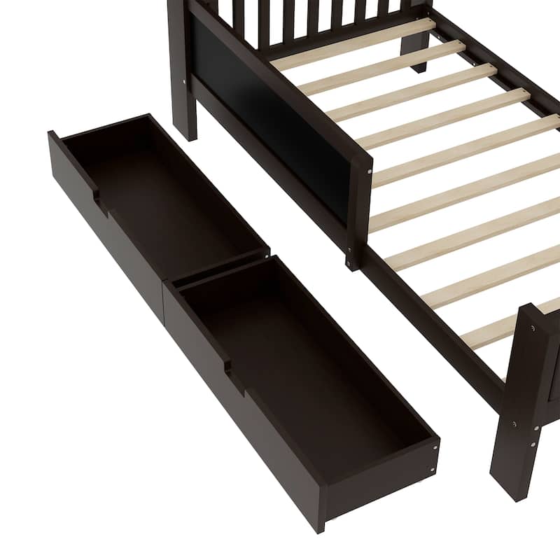 Childlike Fun Solid Wood Low-profile Platform Bed Storage Bed Frame with Side Chalkboard, Open Shelves, Drawers and Guardrails