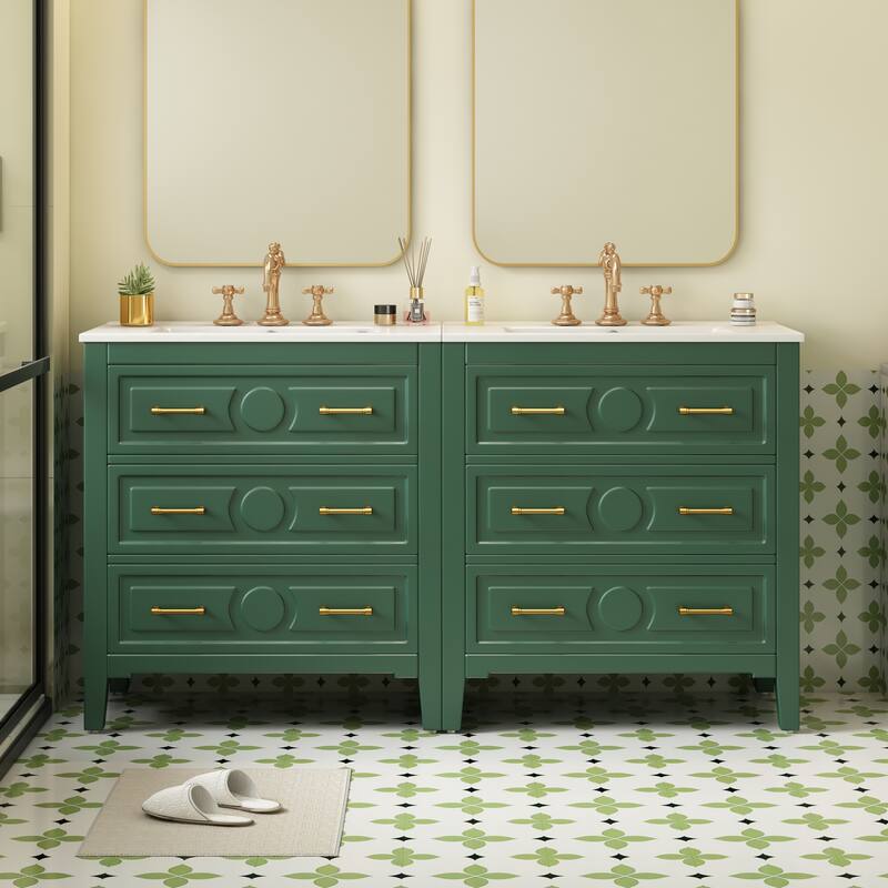60"Bathroom Vanity with Ceramic Sink Combo, Free Standing Single Vanity Set with 3 Drawers, Wood Frame Bathroom Storage Cabinet