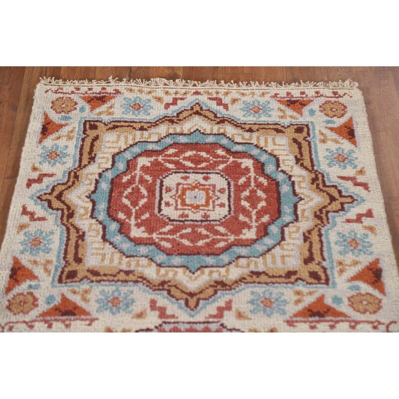 Geometric Beige Kazak Runner Rug Hand-knotted Wool Carpet - 2'6"x 7'10"