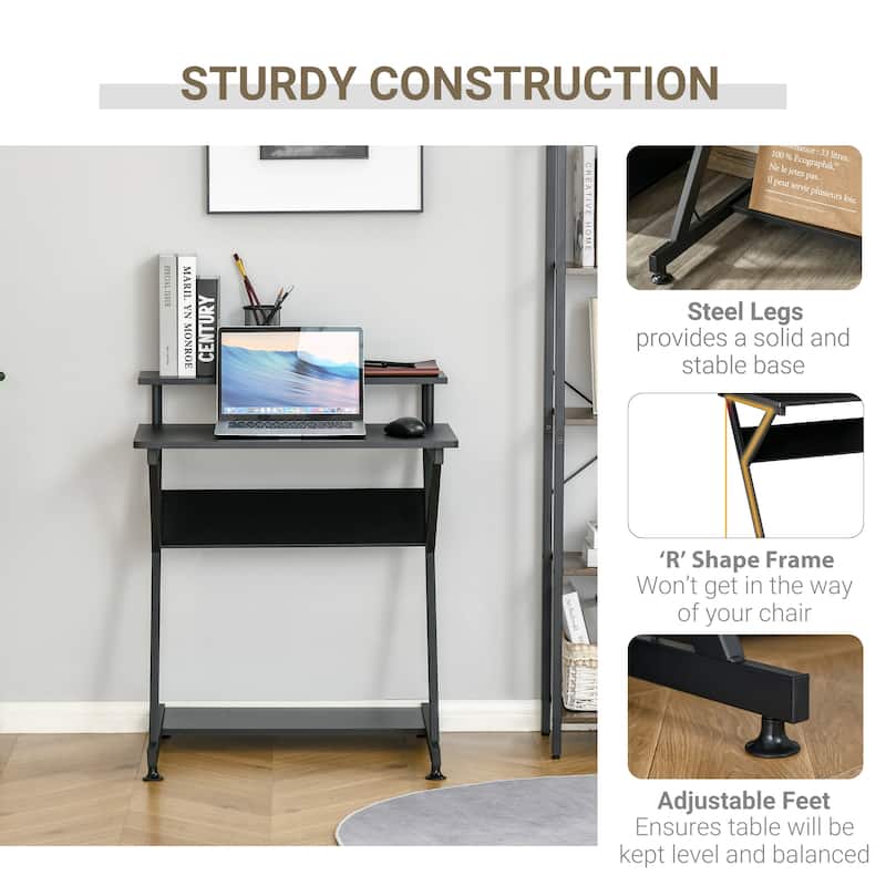 HOMCOM Industrial Computer Desk with Monitor Shelf, R Shaped Writing Table for Home Office