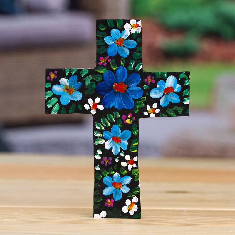 Novica Handmade Cyan Prayers Wood Cross