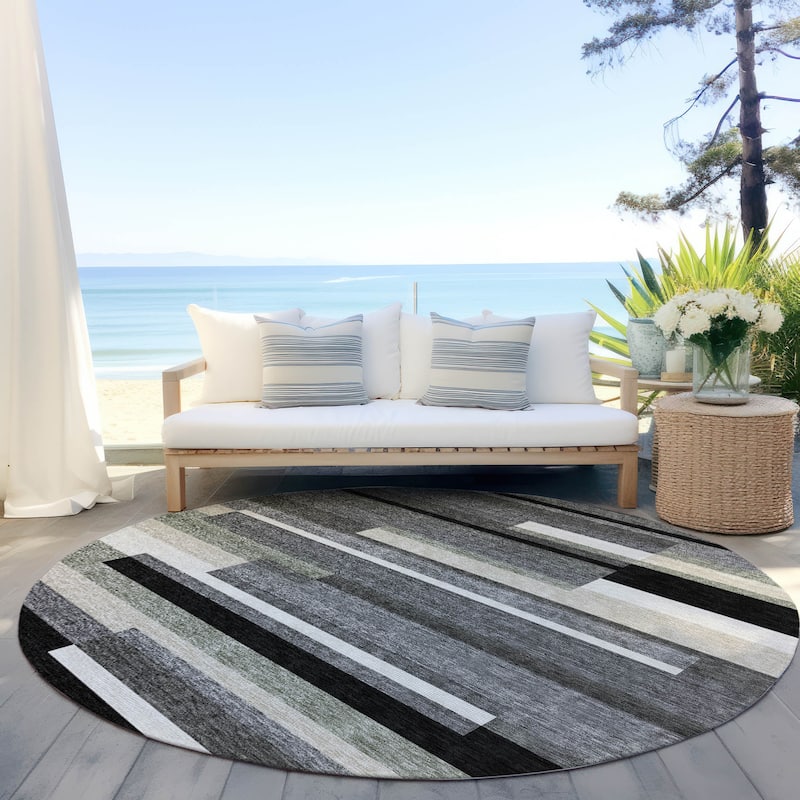 Machine Washable Indoor/ Outdoor Chantille Contempory Stripe Rug - Black - 8' x 8'