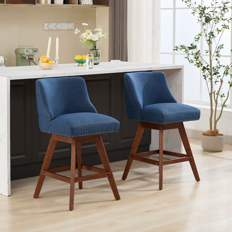 Counter Height Bar Stools Set of 2, Swivel Bar Stools with Curved Back, Upholstered Dining Chairs with Solid Wood Legs