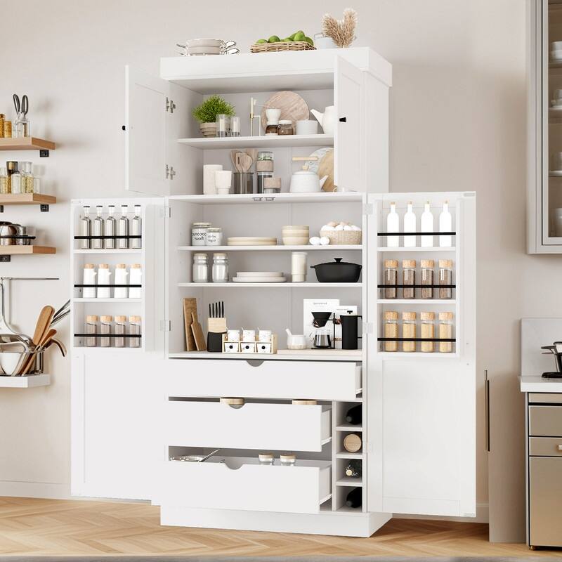 Freestanding 77"Tall Kitchen Pantry with Adjustable Shelves,Door Shelves, Drawers and Wine Racks