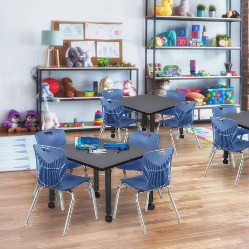 42 in. Square Height Adjustable Mobile Classroom Table - Grey & 4 12-in Stack Chairs- Navy Blue