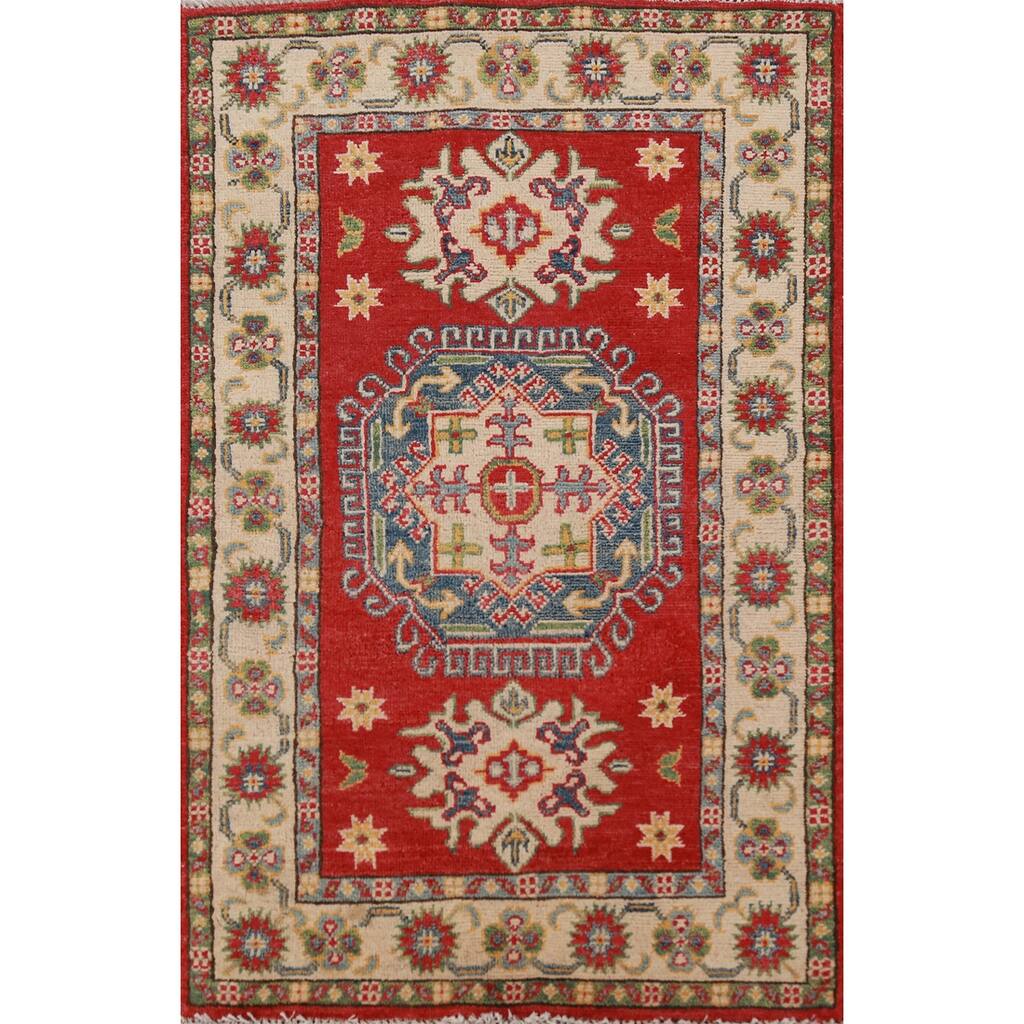 Geometric Kazak Foyer Rug Hand-Knotted Bedroom Traditional Wool Carpet - 2'6"x 4'2"