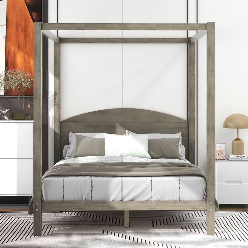 Pine Wood Canopy Platform Bed: Headboard, Sturdy Frame