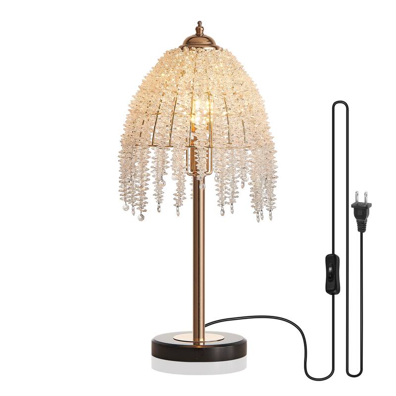 19"(H) Elegant Crystal Table Lamp - Vintage Waterfall Design with Crystal Bead String Shades and Marble Textured Base