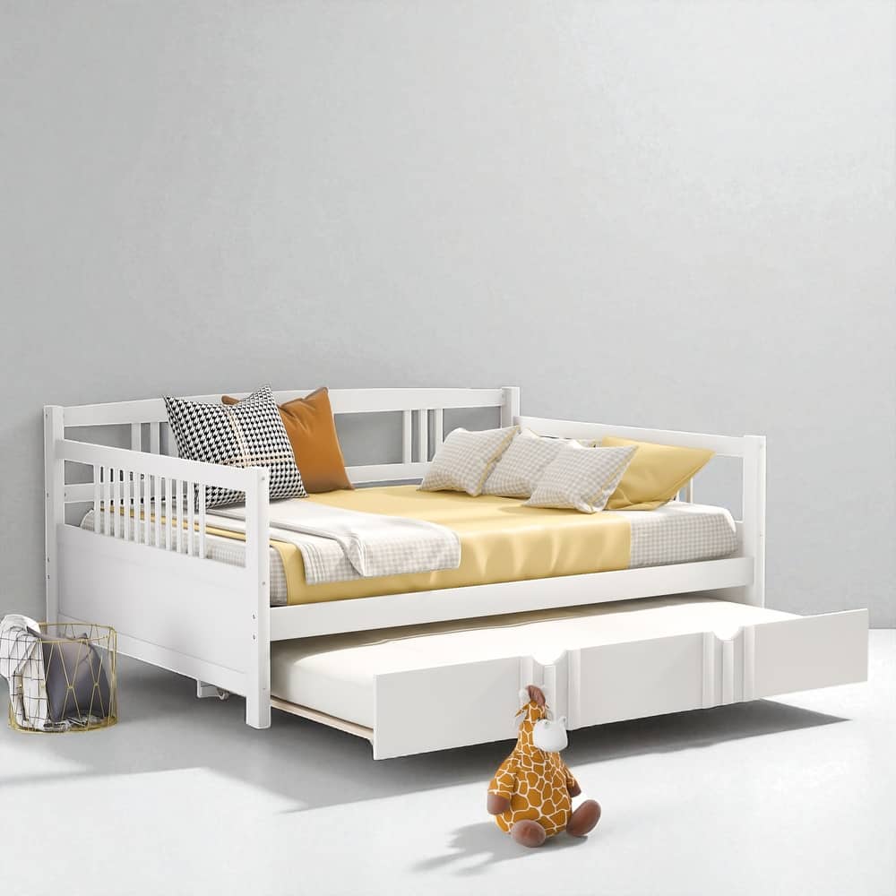 Twin/Full Size Wood Daybed with Twin Trundle, Sofa Bed Frame with Rails and Pull-Out Guest Bed