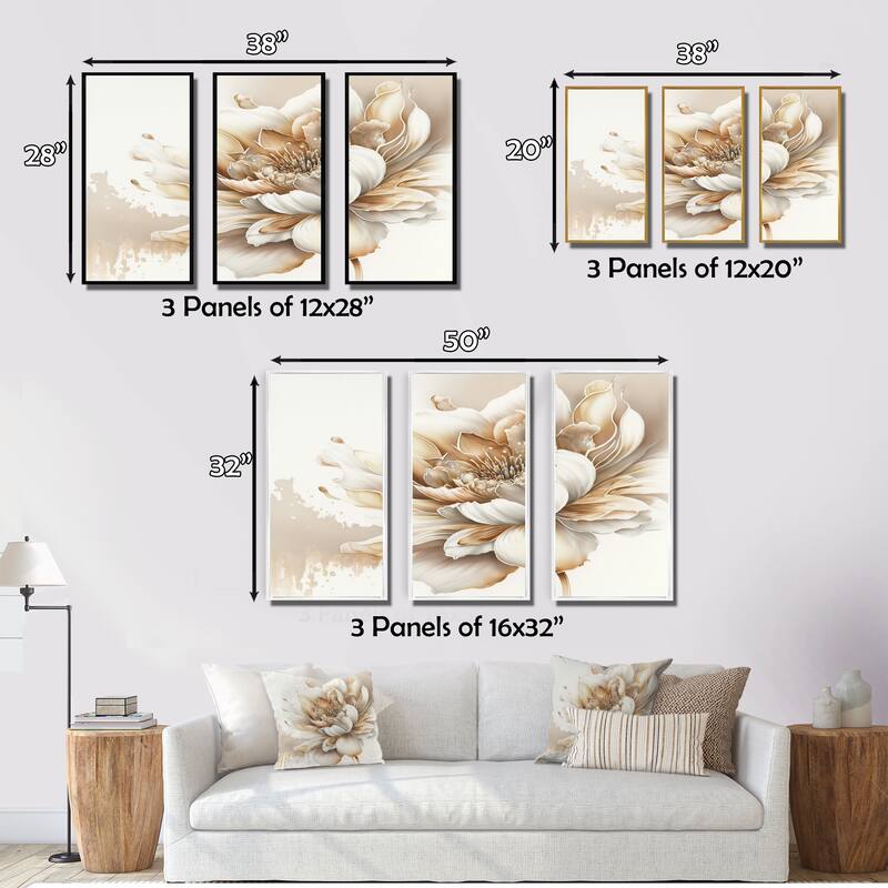 Designart "Blooming Beige Floral Design I" Floral Framed Canvas Art Print - 3 Panels