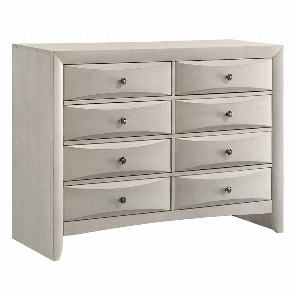 Remy 59 Inch Wide Dresser, 8 Contemporary Faceted Drawers, Antique White Finish