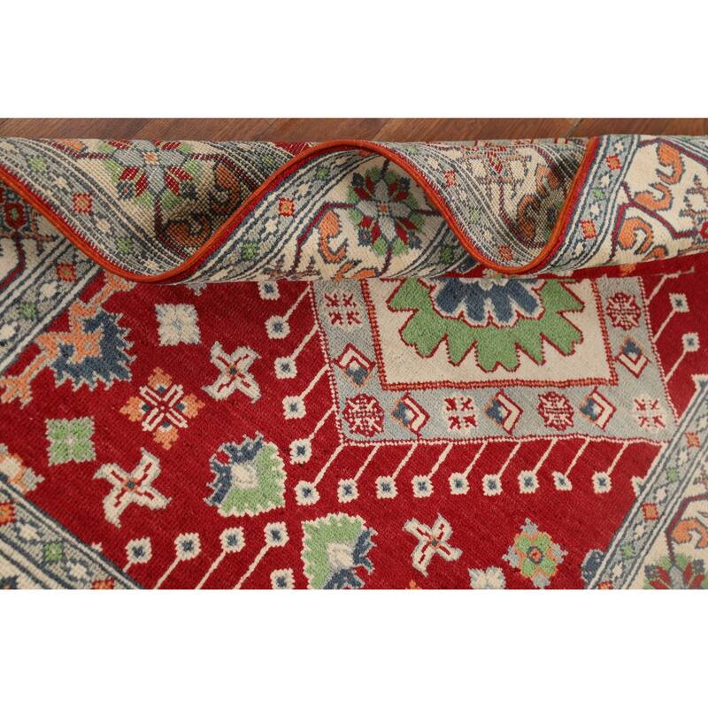 Red Geometric Kazak Accent Rug Hand-Knotted Traditional Wool Carpet - 3'4" x 4'10"