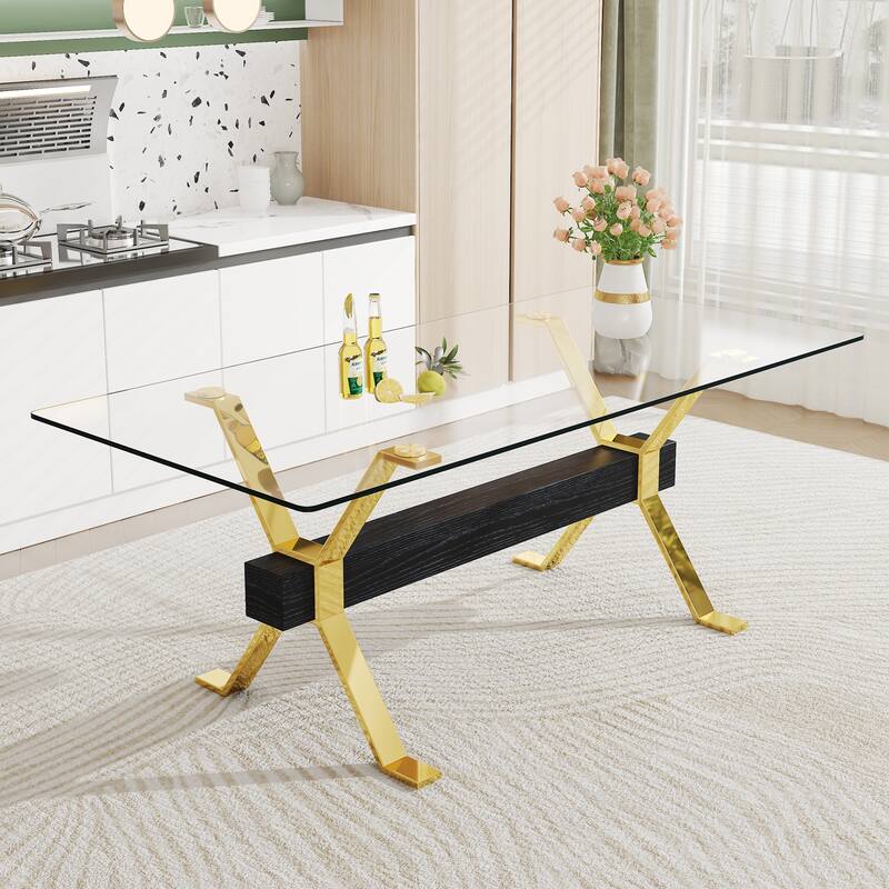 Roomfitters Large Glass Dining Table with Gold Plated Legs and MDF Crossbars for Kitchen or Office Use, Transparent - Transparent