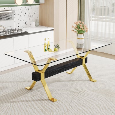 Roomfitters Large Glass Dining Table with Gold Plated Legs and MDF Crossbars for Kitchen or Office Use, Transparent