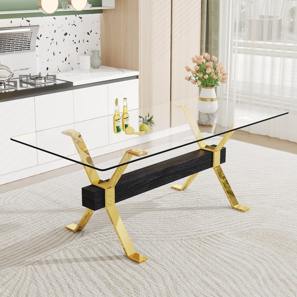 Roomfitters Large Glass Dining Table with Gold Plated Legs and MDF Crossbars for Kitchen or Office Use, Transparent