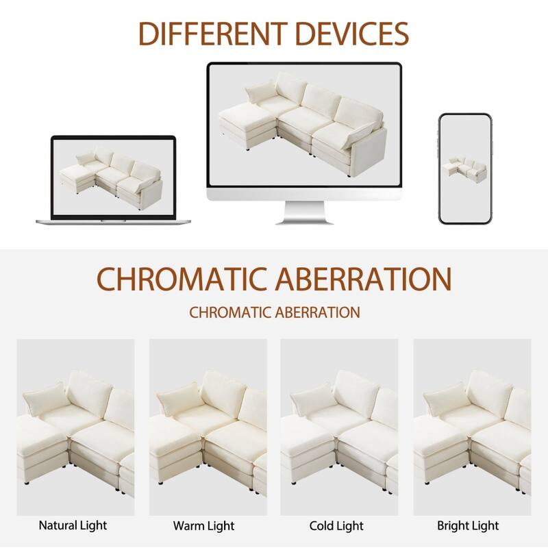 104" Modular 3 Seater Sofa with Ottoman,Beige Chenille Cushions and 2 Throw Pillows