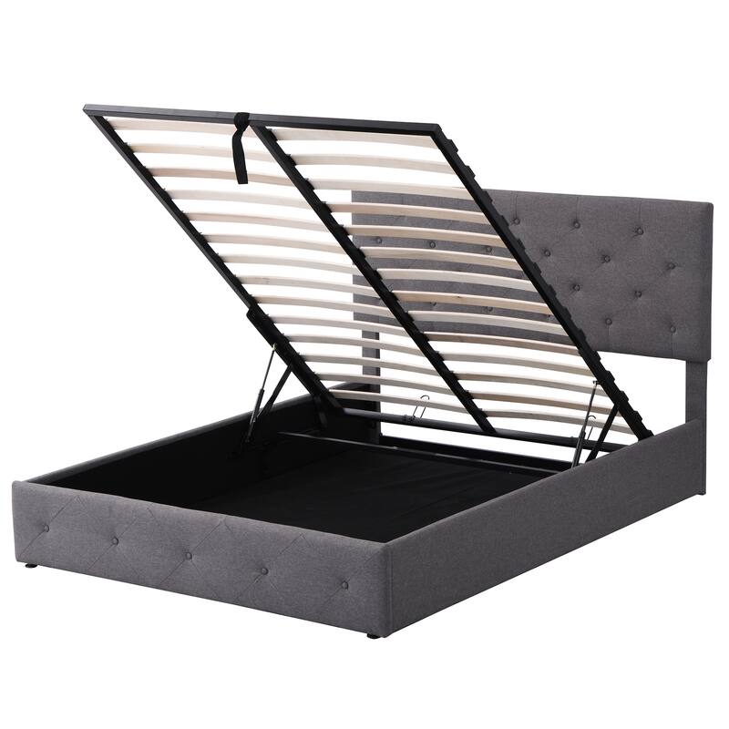 Queen Upholstered Bed with Gas Lift up Storage, Wooden Platform Bed