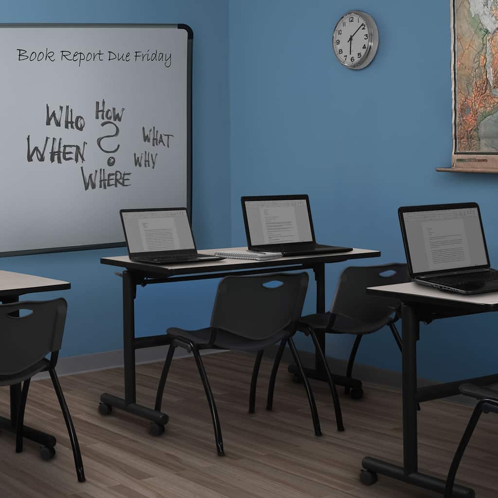 48" x 30" Flip Top Mobile Training Table- Maple and 2 "M" Stack Chairs- Black