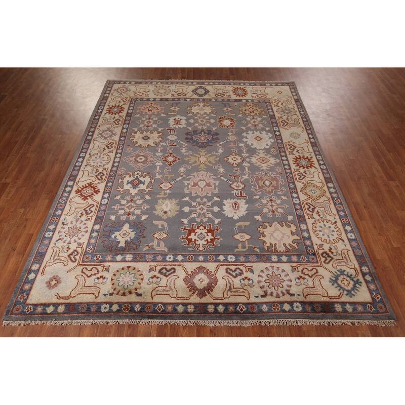 All-Over Gray Geometric Oushak Indian Rug Hand-Knotted Wool Carpet - 8'0"x 10'0"