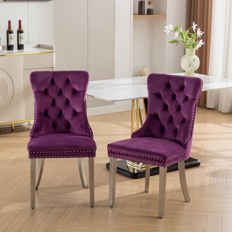 High-end Tufted Solid Wood Contemporary Velvet Upholstered Dining Chair with Chrome Stainless Steel Plating Legs - Purple