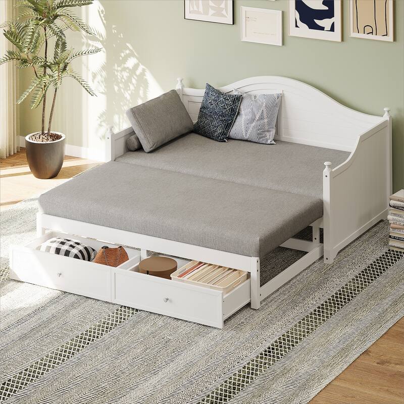 Wood Daybed with Extendable Trundle and Storage Drawers for Living Room or Guest Room
