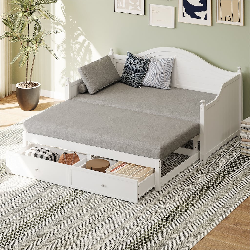 Wood Daybed with Extendable Trundle and Storage Drawers for Living Room or Guest Room