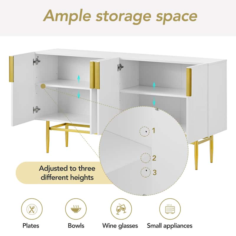 Buffet Cabinet 4-Door Sideboard with Adjustable Shelves and Wavy Stripe Design, for Dining Room, Living Room, Bedroom, Hallway