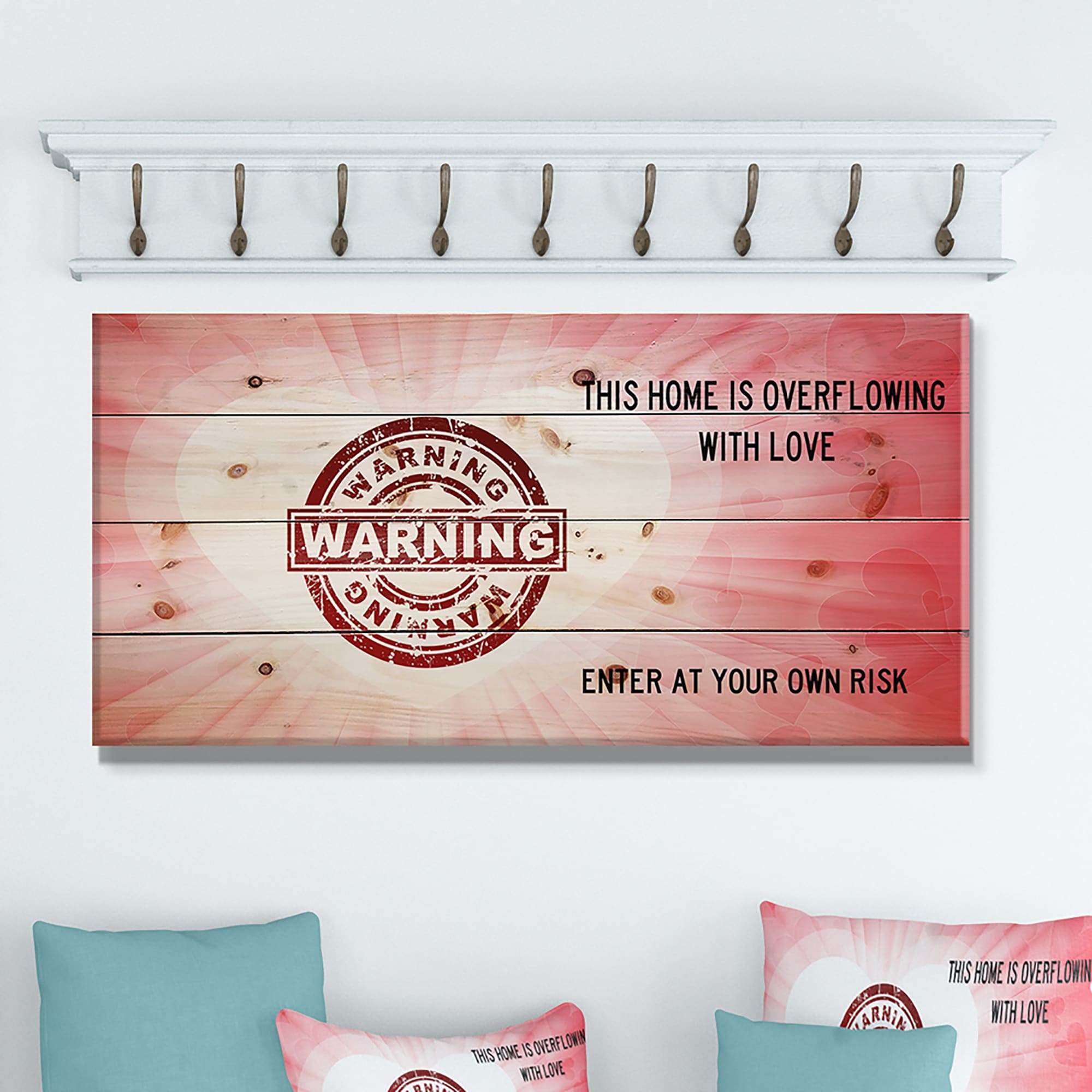 Designart This House Is Overflowing With Love Warning Heart Textual Entrance Art On Wood Wall Art Red On Sale Overstock