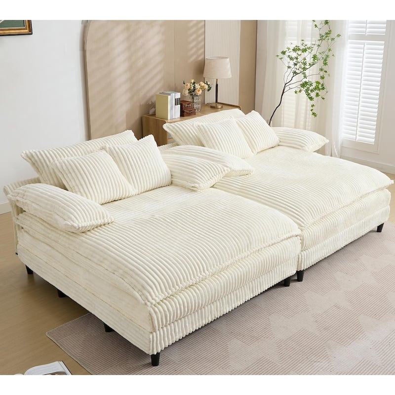 109" W Oversized Corduroy Lounge Chaise Sleeper Sofa 4 Pillows