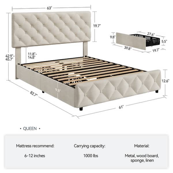 slide 2 of 14, GARVEE Queen Bed Frame Upholstered Size Bed Frame, with Adjustable Headboard & 4 Storage Drawers White