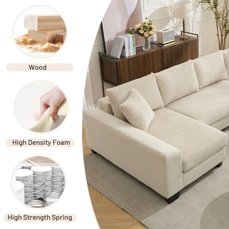 114" U-Shaped Corduroy Pull Out Sleeper Bed Sofa Chaise with Pillows