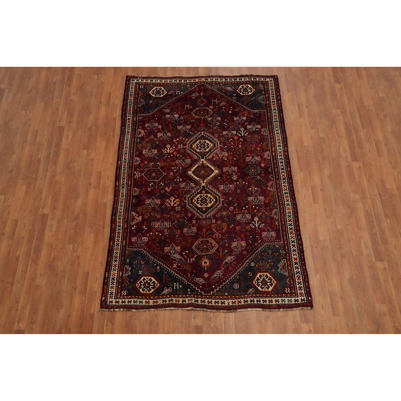 Hand Knotted Oriental 100% Wool Carpet Traditional Tribal Red Shiraz Area Rug - 8' 4'' X 5' 4''