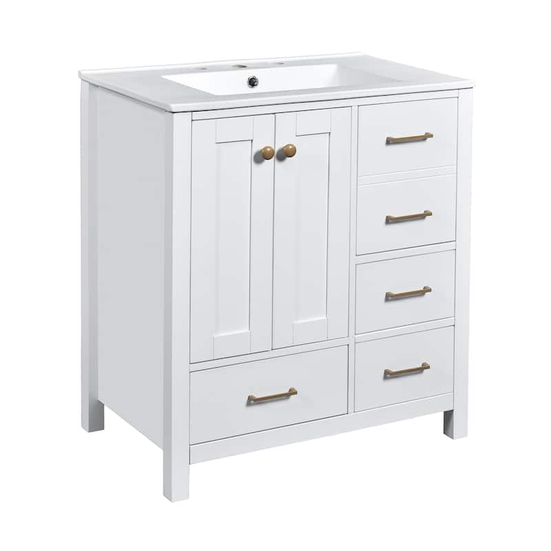 30" Bathroom Vanity with Ceramic Sink Combo, Solid Wood Frame Bathroom Storage Cabinet, Freestanding Vanity Set