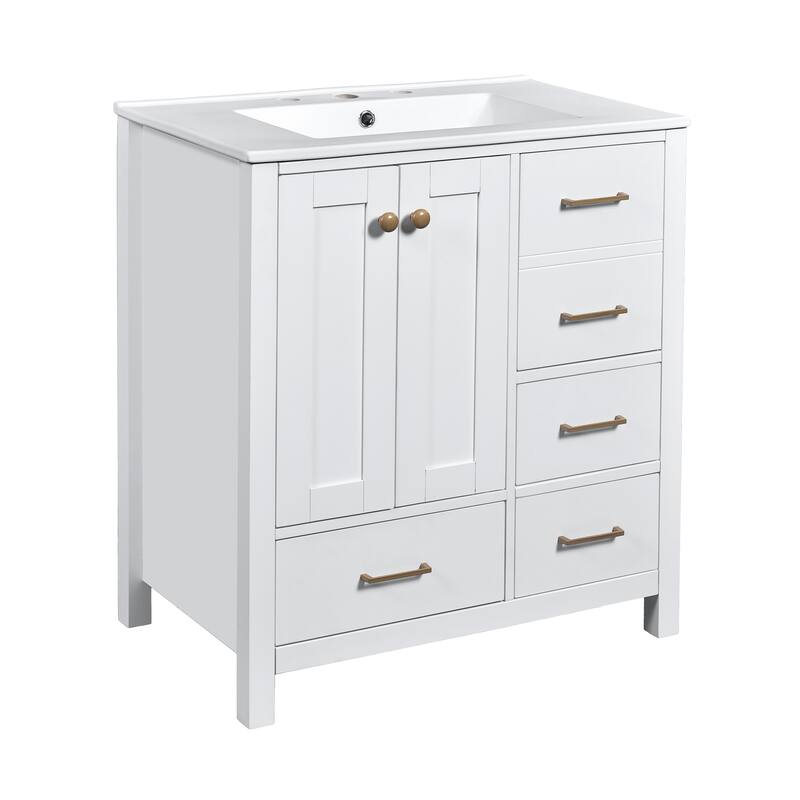 Roomfitters 30" Vanity with Ceramic Sink, Freestanding Cabinet with 4 Drawers and Soft Closing Doors, White