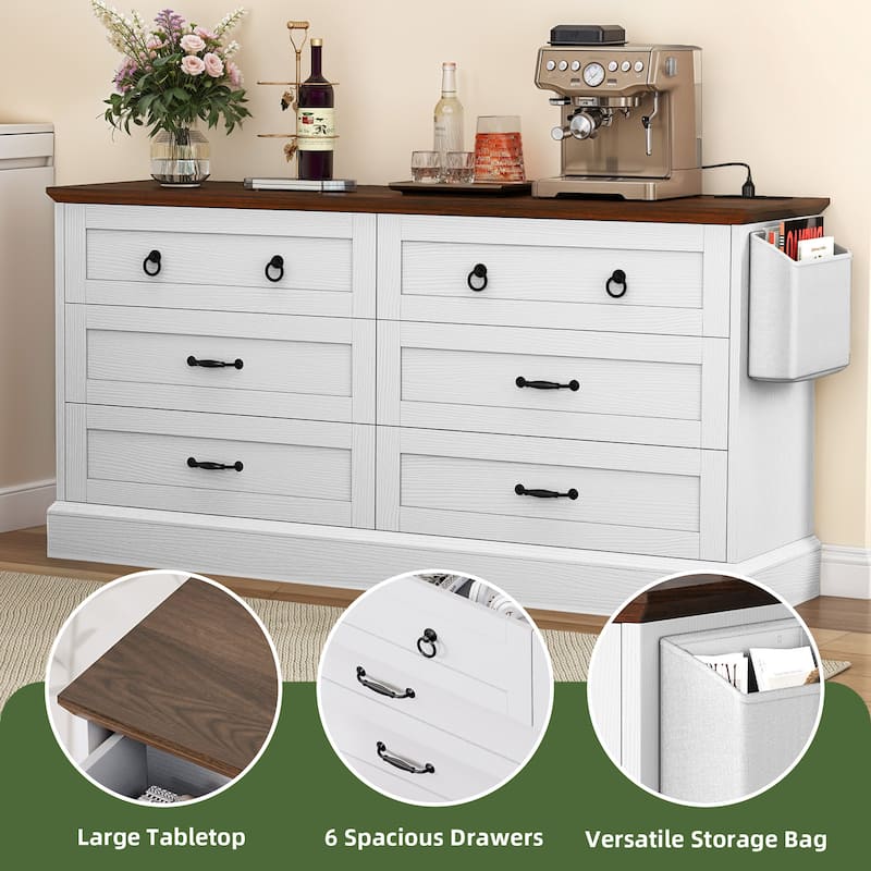 Farmhouse 6 Drawer Dresser, TV Stand, Chest of Drawers With Charger Station And Side Pocket