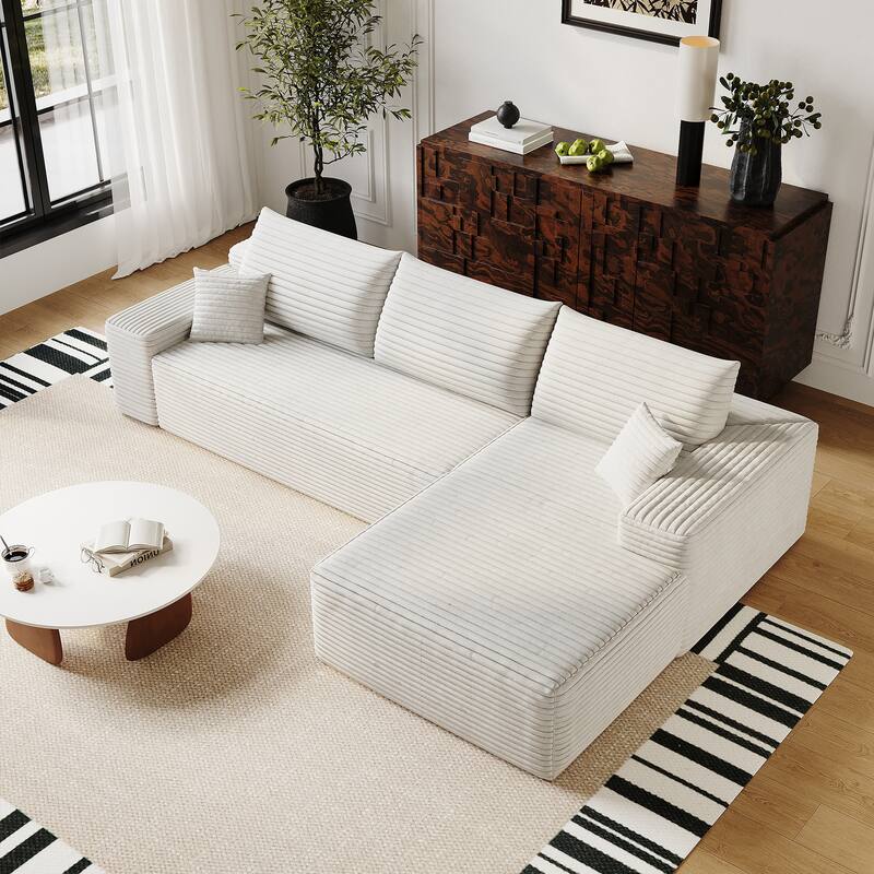 Plush Corduroy Upholstered Couch L-shaped Sectional Sofa with Chaise