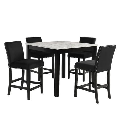 5 Piece Counter Height Dining Set with Marble Tabletop,Black