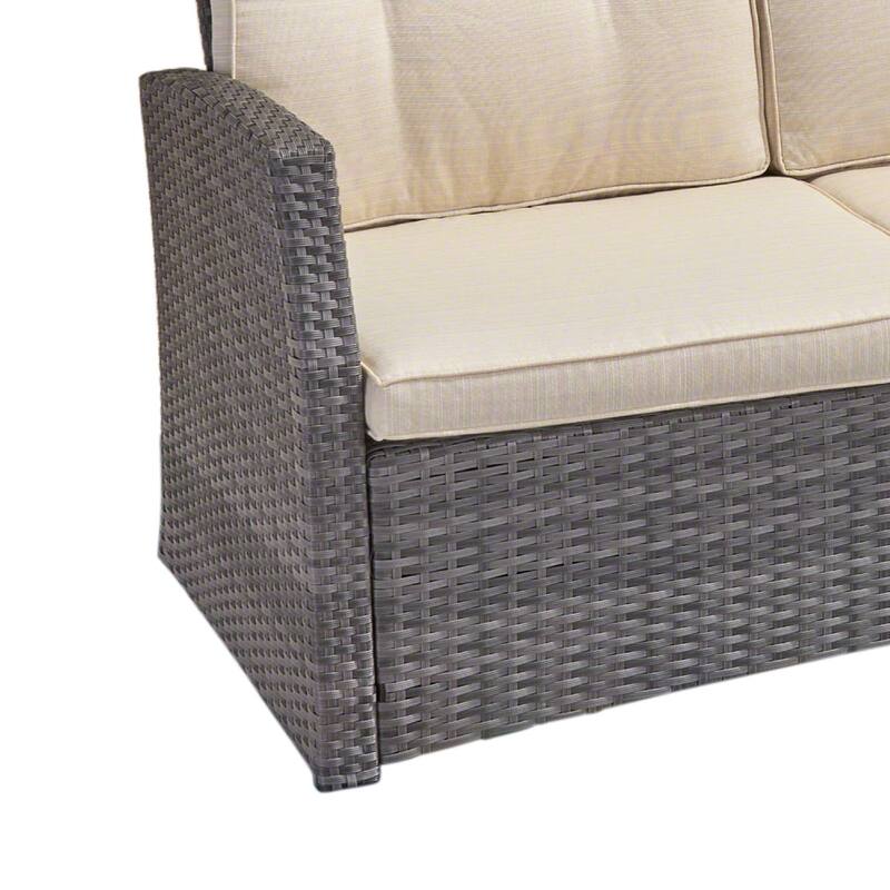 Foi 3 Seater Outdoor Sofa, Beige Cushions, 75 Inch Gray Woven Frame