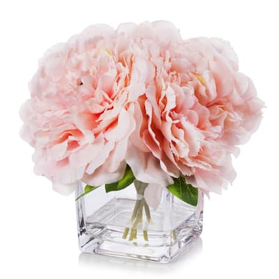 Enova Home Artificial Silk Peony Fake Flowers Arrangement in Cube Glass Vase with Faux Water for Home Wedding Decoration - N/A