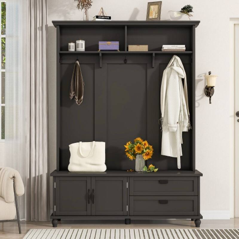Modern Style Hall Tree With Storage Cabinet Drawers Open Storage Shelves Space Saving - Black