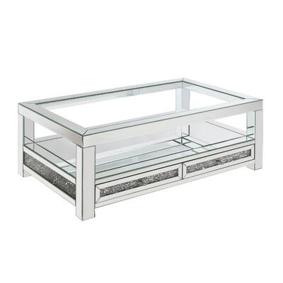Coffee Table with 2 Drawers and Faux Diamonds Insert, Silver