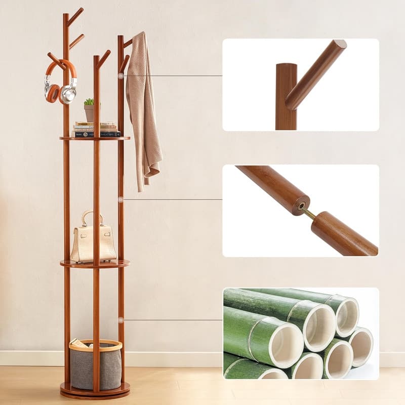 Wooden Coat Rack - 14.96"D x 14.96"W x 66.93"H - Brown - 14.96"D x 14.96"W x 66.93"H