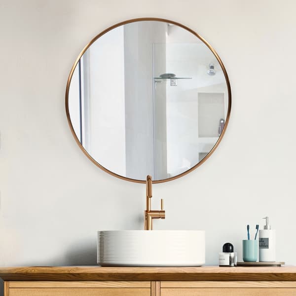 slide 2 of 6, Allan Andrews Round Decorative Stainless Steel Framed Wall & Accent Mirror - 32"D Brushed Brass