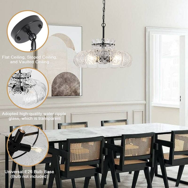 20.47-inch modern unique 4-light metal pendant lamp with glass ripple lampshade and adjustable height